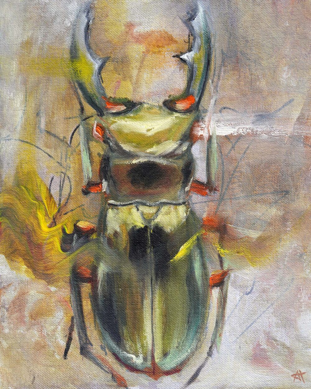 Ali Olio | Fine Art from the Alps | Kunst aus den Alpen | abstract beetle yellow green orange white | abstrakter Käfer grün gelb orange weiß