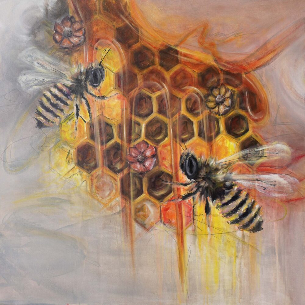 Ali Olio | Fine Art from the Alps | Kunst aus den Alpen | abstract beetle blue orange white | abstrakter Bienen mit Hintergrund orange gelb neutral honey bees abstract yellow