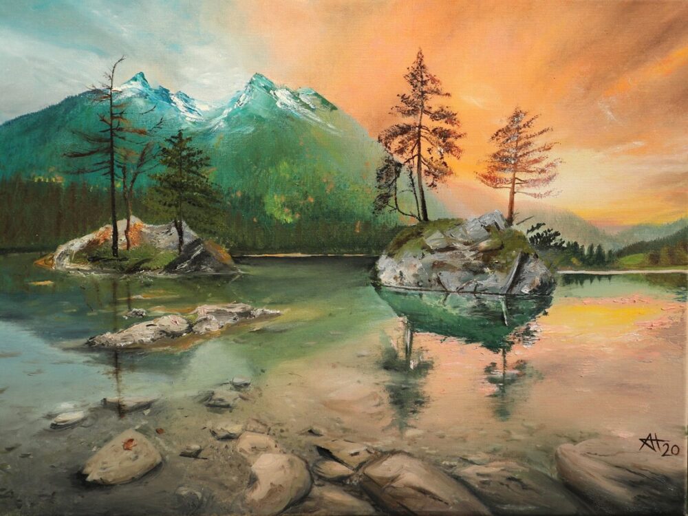 Ali Olio | Fine Art from the Alps | Kunst aus den Alpen | Landschaftsbild Ölgemälde Malerei Hintersee Landscapeart oilpainting colorful orange