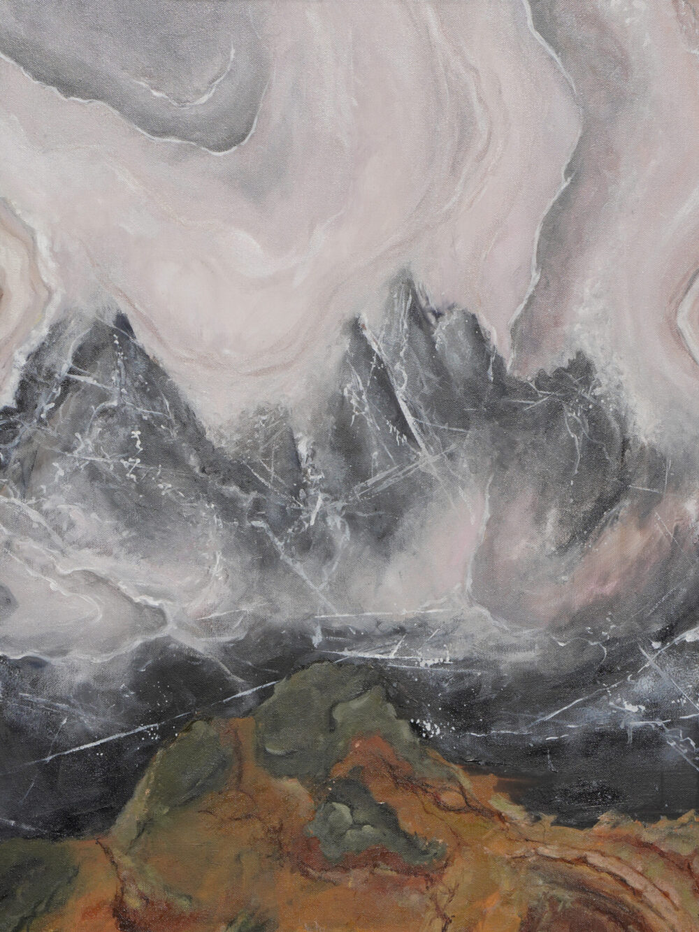 Ali Olio | Fine Art from the Alps | Kunst aus den Alpen | Abstrakte Landschaft rosa grün grau schwarz braun Ölgemälde Malerei landscape painting rose