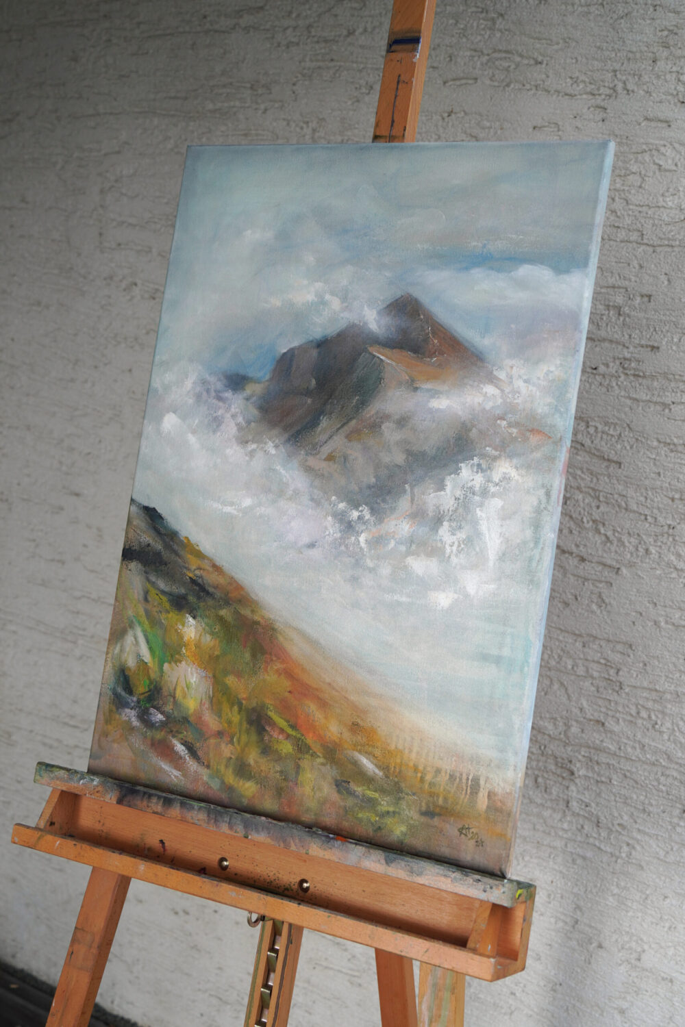 Ali Olio | Fine Art from the Alps | Kunst aus den Alpen | Berge Nebel Landschaftsbild abstrakte Details braun Landscape painting fog mountain blue brown