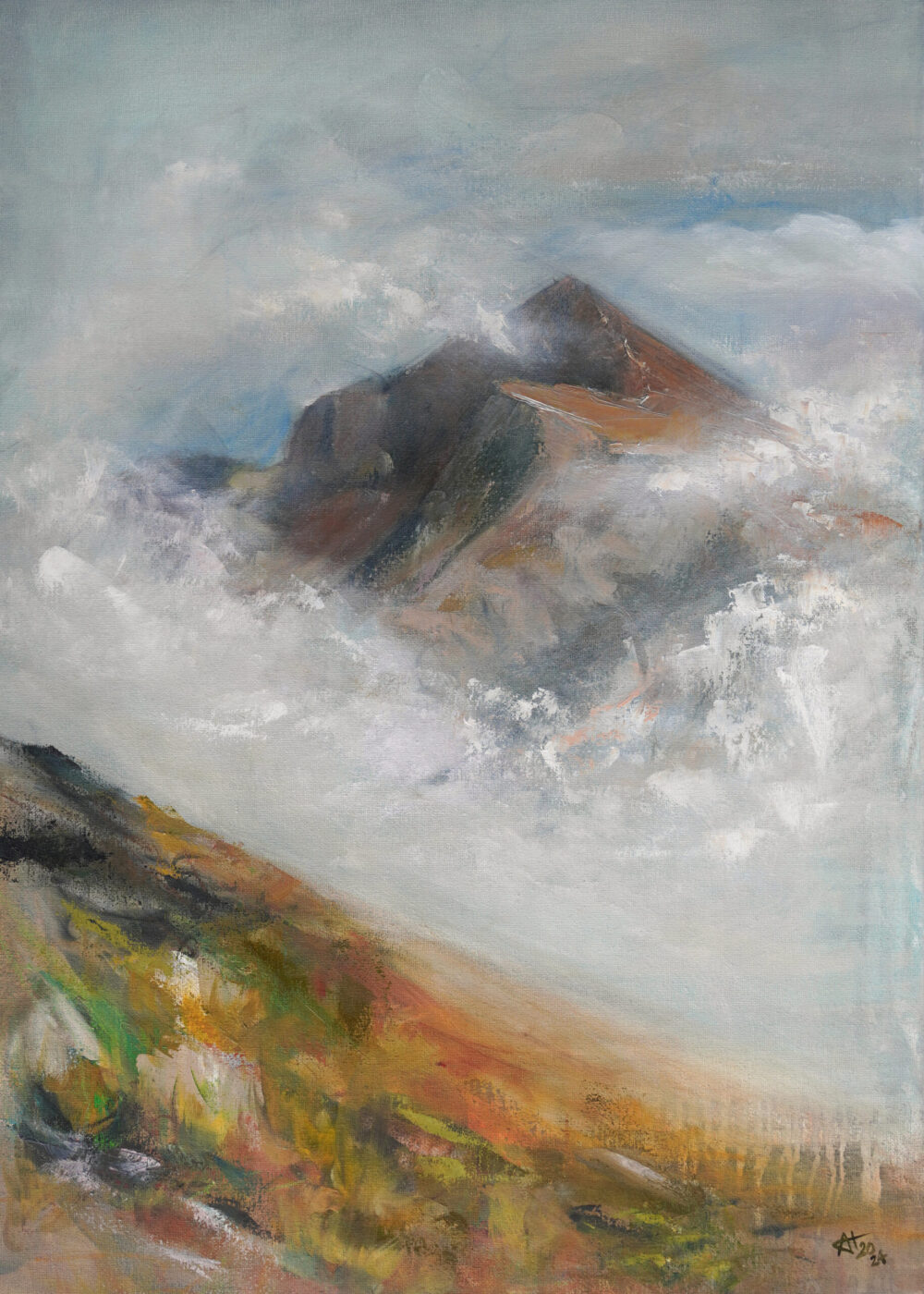 Ali Olio | Fine Art from the Alps | Kunst aus den Alpen | Berge Nebel Landschaftsbild abstrakte Details braun Landscape painting fog mountain blue brown