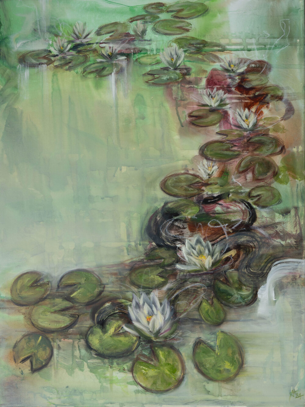 Ali Olio | Fine Art from the Alps | Kunst aus den Alpen | Alexandra Isabel Hörhager | Plein Air No 02 abstract plein air painting | Abstrakte Freiluft Malerei | Abstraktes Stillleben Seerosen | Still life water lilies contemporary