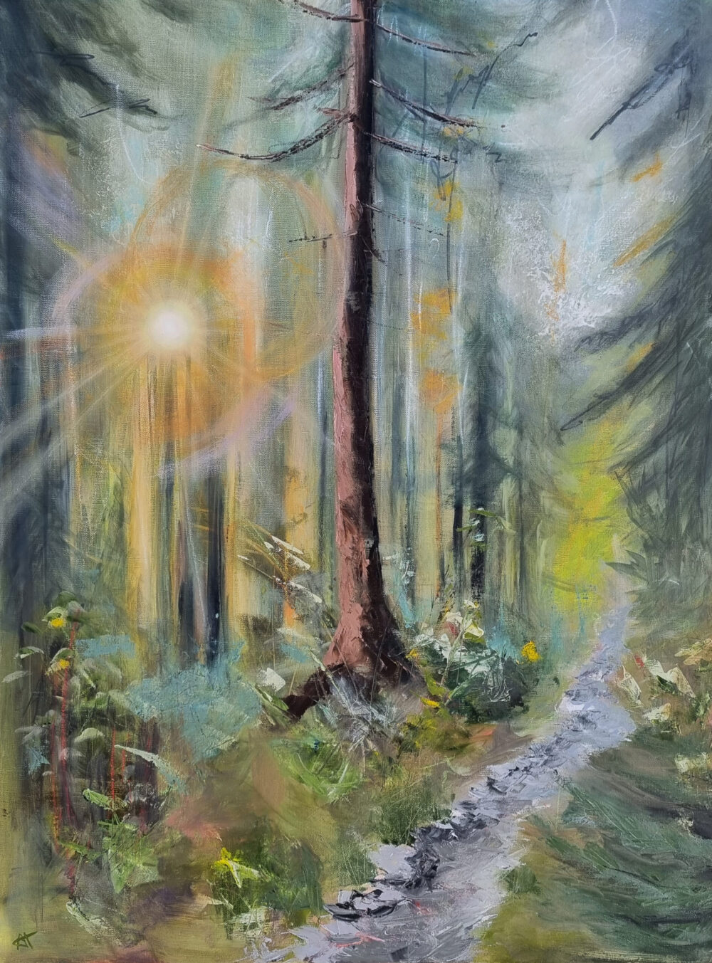 Ali Olio | Fine Art from the Alps | Kunst aus den Alpen | Wald forest green sunlight Sonne wald Bild painting