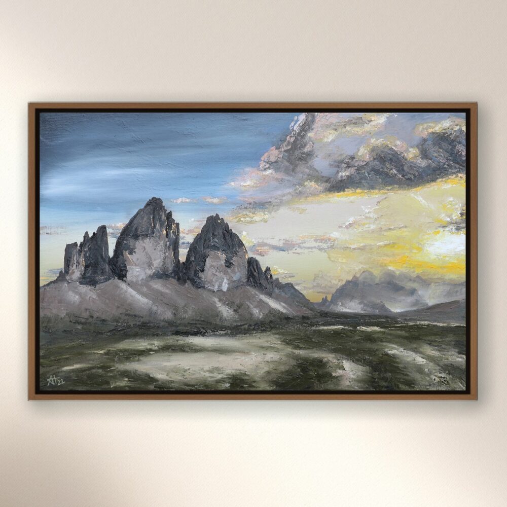 Ali Olio | Fine Art from the Alps | Kunst aus den Alpen | Tre Cime Drei Zinnen Ölbild Landschaftsbild Malerei oilpainting landscapeart mountain yellow green grey