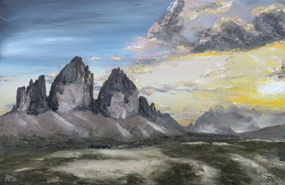 Ali Olio | Fine Art from the Alps | Kunst aus den Alpen | Tre Cime Drei Zinnen Ölbild Landschaftsbild Malerei oilpainting landscapeart mountain yellow green grey