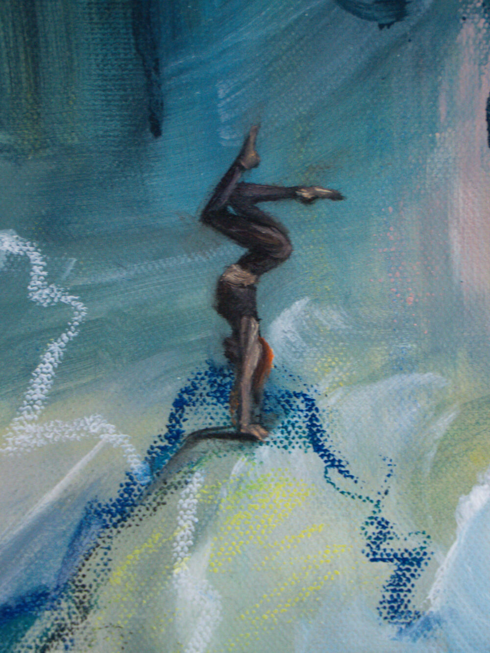 Abstract Yoga – Mixed Media Ölgemälde aus der ‚Active Abstract Series‘ von Ali Olio Art. Ein kraftvolles Werk, das die Balance und innere Ruhe der Yoga-Praxis in abstrakter Form widerspiegelt. Lebendige Farben und dynamische Pinselstriche symbolisieren die Bewegung und Energie, die Yoga mit sich bringt.