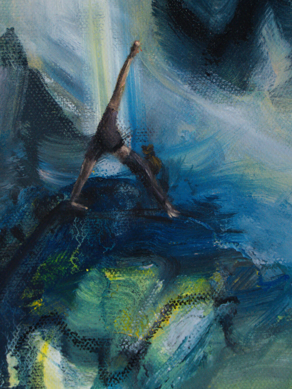 Abstract Yoga – Mixed Media Ölgemälde aus der ‚Active Abstract Series‘ von Ali Olio Art. Ein kraftvolles Werk, das die Balance und innere Ruhe der Yoga-Praxis in abstrakter Form widerspiegelt. Lebendige Farben und dynamische Pinselstriche symbolisieren die Bewegung und Energie, die Yoga mit sich bringt.