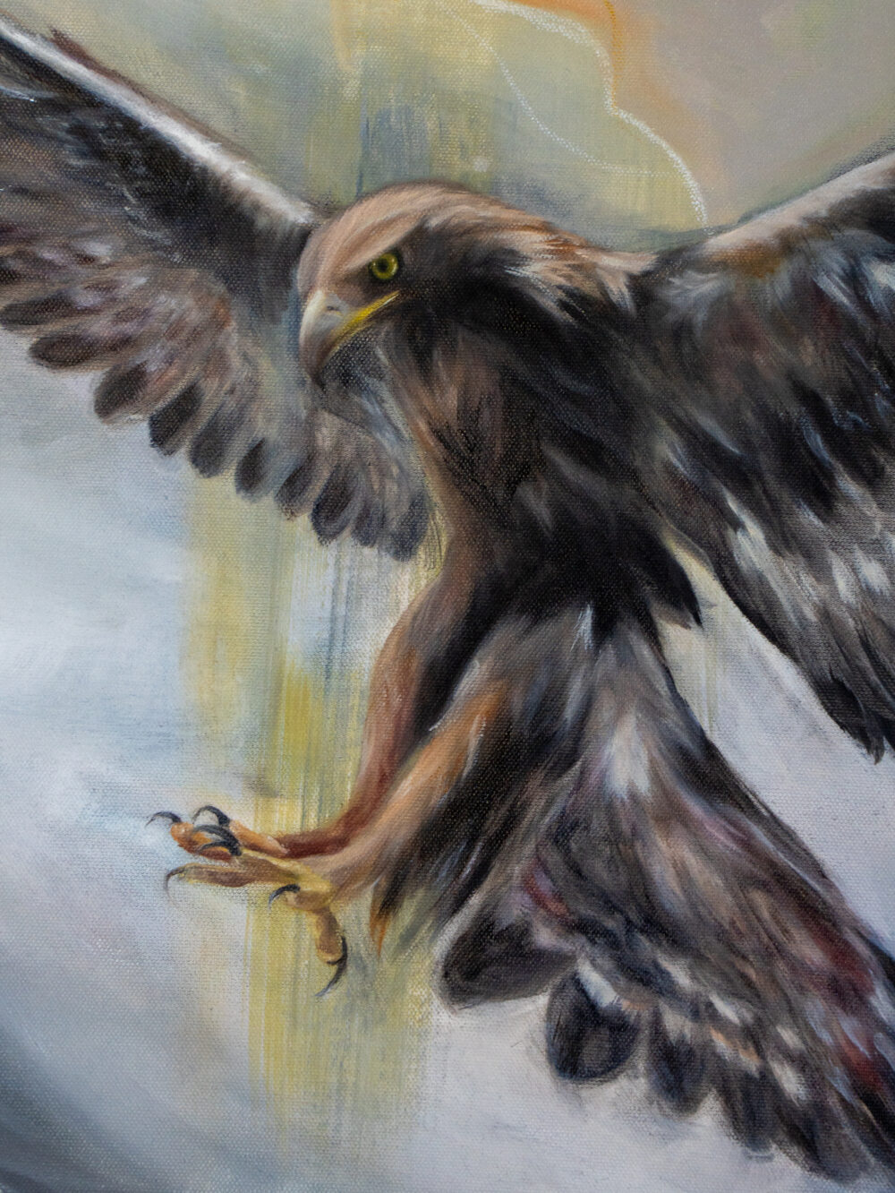 Detailaufnahme - Zweiteiliges, abstraktes Ölgemälde von Ali Olio Art – kraftvolle Darstellung eines Adlers in Bewegung. Dieses Werk steht für Mut, Aufbruch und Vertrauen in den eigenen Weg – auch wenn das Ziel noch nicht klar vor Augen liegt.