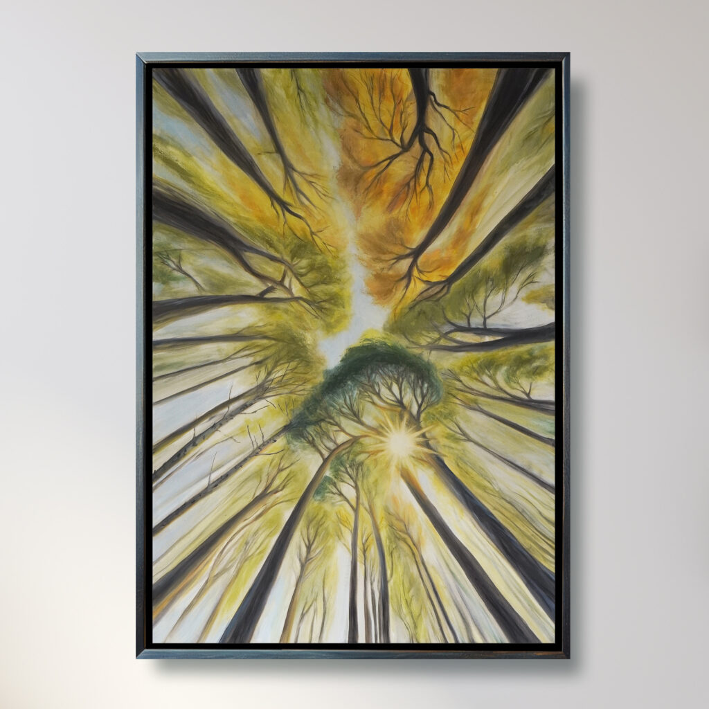 Ölgemälde Wald, Blick nach oben, Blätterdach Kunst, Naturmalerei, Sonnenlicht im Wald, spirituelle Kunst, achtsame Wandbilder, moderne Landschaftsmalerei, Waldblick Leinwandbild, Naturkunst handgemalt, Kunst für Entspannung und Ruhe, Ali Olio Art, Alexandra Isabel Hörhager Kunst, Tiroler Künstlerin