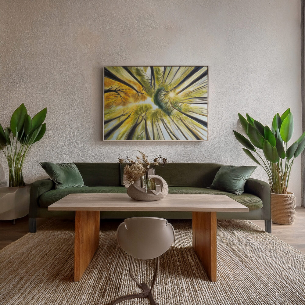 Ölgemälde Wald, Blick nach oben, Blätterdach Kunst, Naturmalerei, Sonnenlicht im Wald, spirituelle Kunst, achtsame Wandbilder, moderne Landschaftsmalerei, Waldblick Leinwandbild, Naturkunst handgemalt, Kunst für Entspannung und Ruhe, Ali Olio Art, Alexandra Isabel Hörhager Kunst, Tiroler Künstlerin