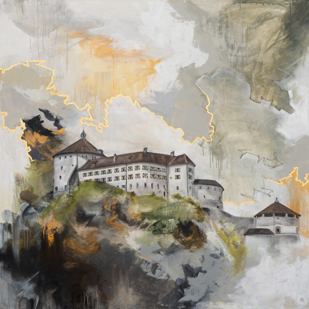 Ali Olio | Fine Art from the Alps Eine Perle in Gold | Fine Art Print | Festung Kufstein, Perle Tirols, abstrakt mit goldenem Wolkenrand