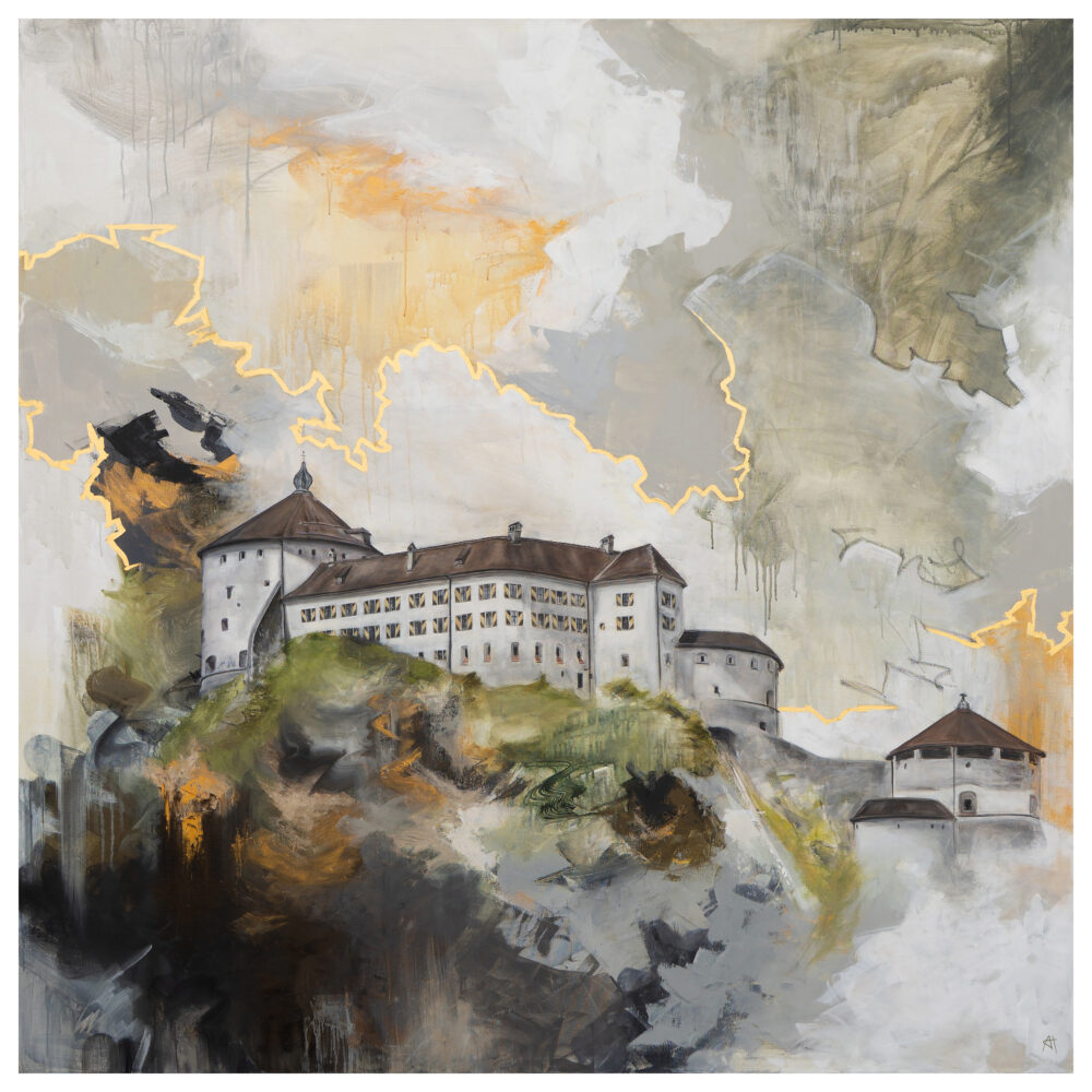 Ali Olio | Fine Art from the Alps Eine Perle in Gold | Fine Art Print | Festung Kufstein, Perle Tirols, abstrakt mit goldenem Wolkenrand