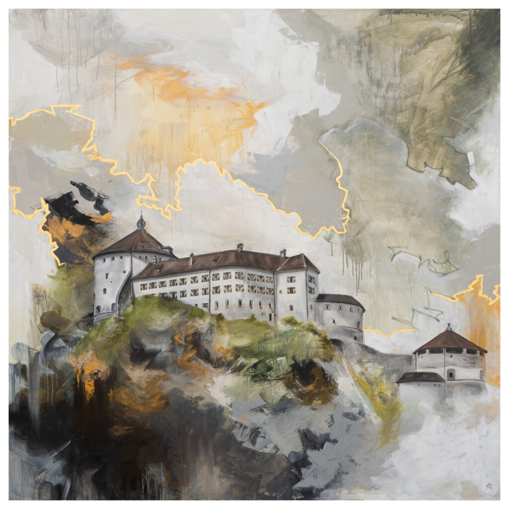 Ali Olio | Fine Art from the Alps Eine Perle in Gold | Fine Art Print | Festung Kufstein, Perle Tirols, abstrakt mit goldenem Wolkenrand