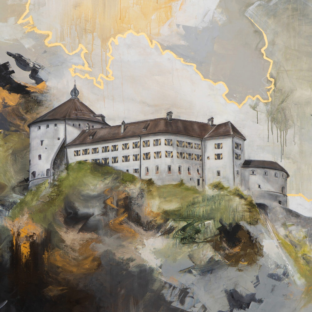 Ali Olio | Fine Art from the Alps Eine Perle in Gold | Fine Art Print | Festung Kufstein, Perle Tirols, abstrakt mit goldenem Wolkenrand