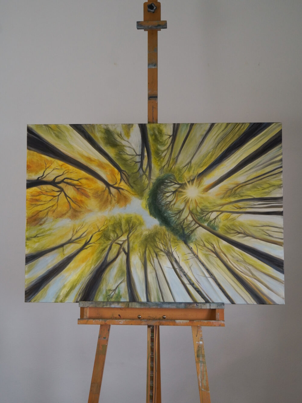 Ölgemälde Wald, Blick nach oben, Blätterdach Kunst, Naturmalerei, Sonnenlicht im Wald, spirituelle Kunst, achtsame Wandbilder, moderne Landschaftsmalerei, Waldblick Leinwandbild, Naturkunst handgemalt, Kunst für Entspannung und Ruhe, Ali Olio Art, Alexandra Isabel Hörhager Kunst, Tiroler Künstlerin
