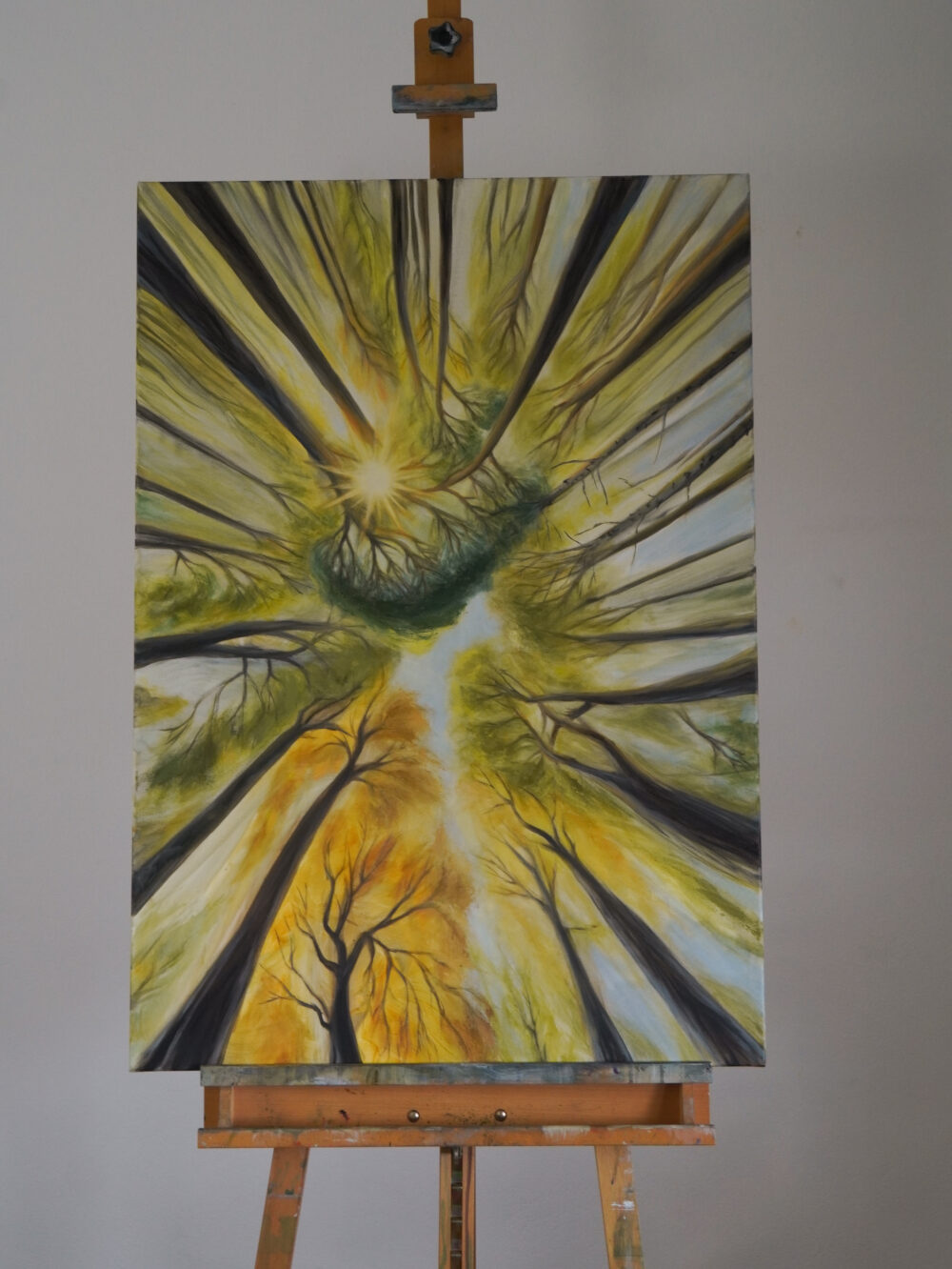 Ölgemälde Wald, Blick nach oben, Blätterdach Kunst, Naturmalerei, Sonnenlicht im Wald, spirituelle Kunst, achtsame Wandbilder, moderne Landschaftsmalerei, Waldblick Leinwandbild, Naturkunst handgemalt, Kunst für Entspannung und Ruhe, Ali Olio Art, Alexandra Isabel Hörhager Kunst, Tiroler Künstlerin