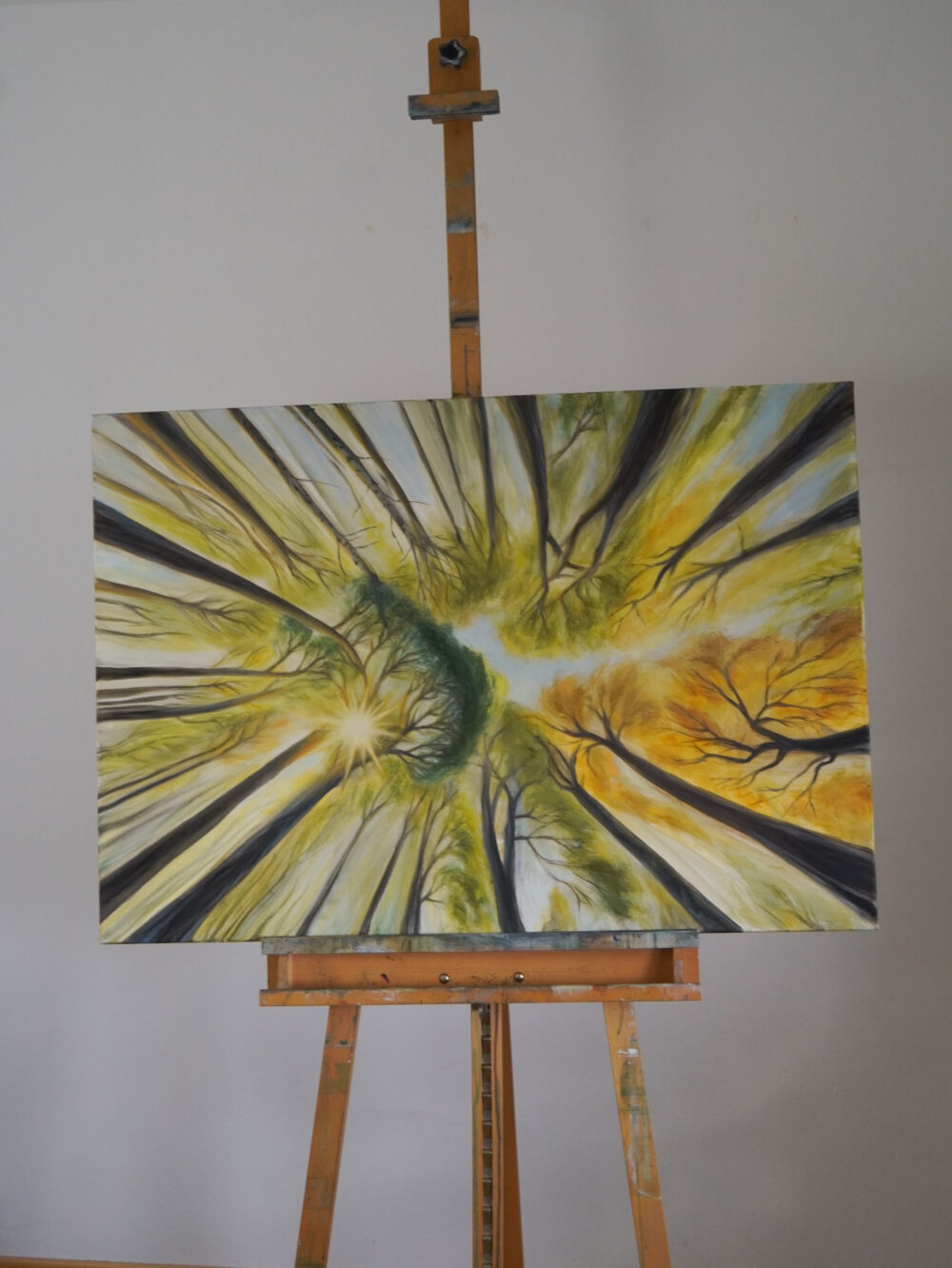 Ölgemälde Wald, Blick nach oben, Blätterdach Kunst, Naturmalerei, Sonnenlicht im Wald, spirituelle Kunst, achtsame Wandbilder, moderne Landschaftsmalerei, Waldblick Leinwandbild, Naturkunst handgemalt, Kunst für Entspannung und Ruhe, Ali Olio Art, Alexandra Isabel Hörhager Kunst, Tiroler Künstlerin