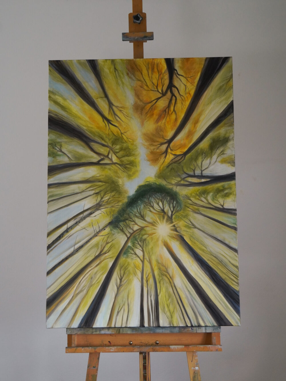 Ölgemälde Wald, Blick nach oben, Blätterdach Kunst, Naturmalerei, Sonnenlicht im Wald, spirituelle Kunst, achtsame Wandbilder, moderne Landschaftsmalerei, Waldblick Leinwandbild, Naturkunst handgemalt, Kunst für Entspannung und Ruhe, Ali Olio Art, Alexandra Isabel Hörhager Kunst, Tiroler Künstlerin