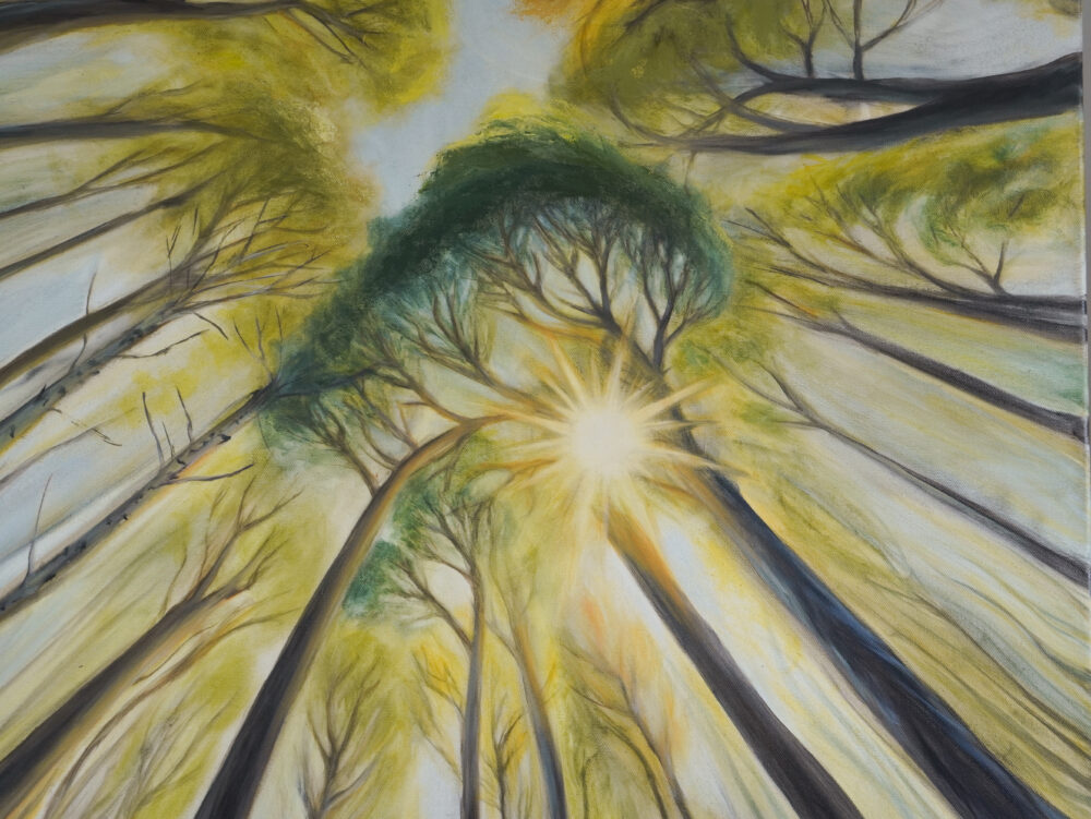 Ölgemälde Wald, Blick nach oben, Blätterdach Kunst, Naturmalerei, Sonnenlicht im Wald, spirituelle Kunst, achtsame Wandbilder, moderne Landschaftsmalerei, Waldblick Leinwandbild, Naturkunst handgemalt, Kunst für Entspannung und Ruhe, Ali Olio Art, Alexandra Isabel Hörhager Kunst, Tiroler Künstlerin