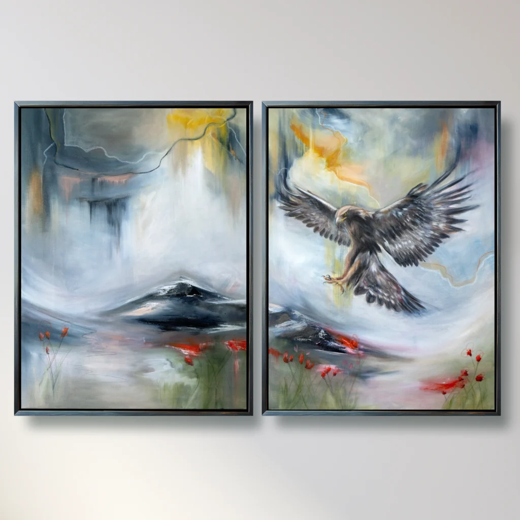 Zweiteiliges, abstraktes Ölgemälde von Ali Olio Art – kraftvolle Darstellung eines Adlers in Bewegung. Dieses Werk steht für Mut, Aufbruch und Vertrauen in den eigenen Weg – auch wenn das Ziel noch nicht klar vor Augen liegt.