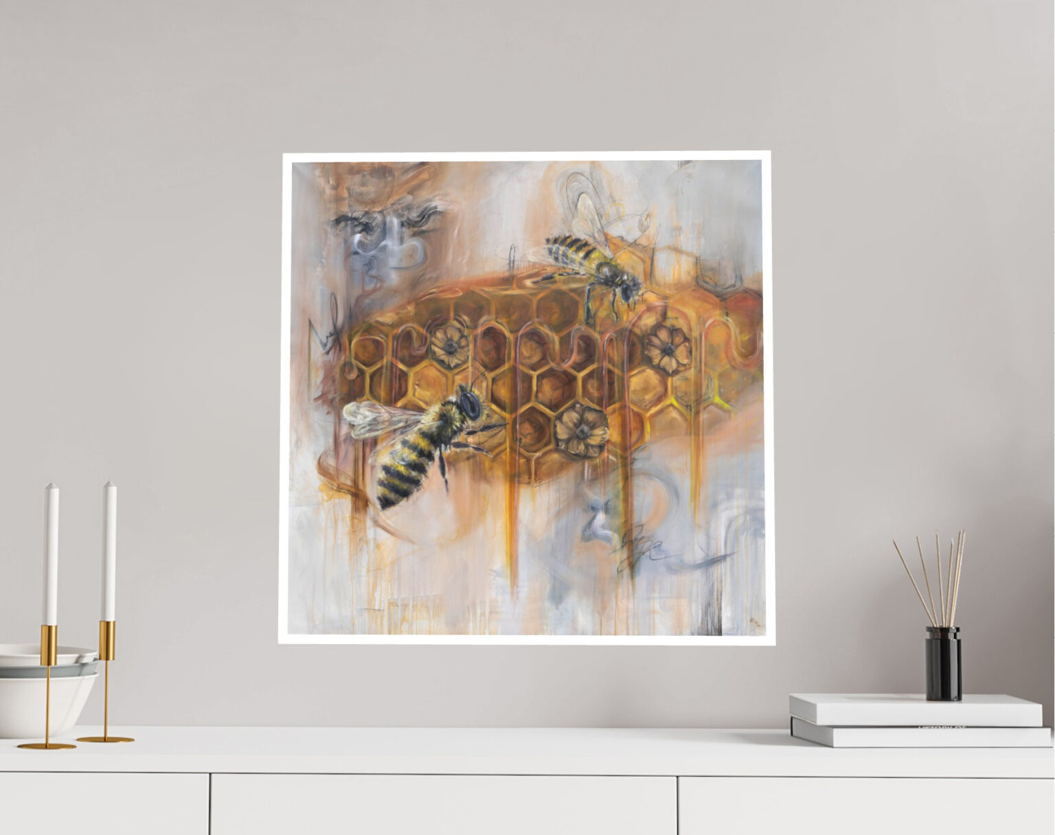 Ali Olio Art Alexandra Hörhager Kunst Künstlerin Österrreich Tirol Kufstein Mixed Media Ölgemälde Honig Biene Wabe Große Leinwand Auftragsarbeit Auftragskunst