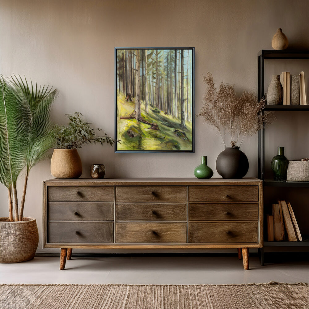 August Kunstwerk Teil der 12 Months Series | inspiriert vom Schwammerlsuchen in Schladming, Naturbild, Waldbild, Grüntöne, Mixed Media Ölgemälde | Original Art von Alexandra Isabel Höhager, aufstrebende österreichische Künstlerin | Ali Olio | Fine Art from the Alps