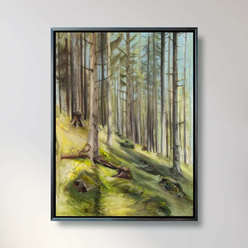 August Kunstwerk Teil der 12 Months Series | inspiriert vom Schwammerlsuchen in Schladming, Naturbild, Waldbild, Grüntöne, Mixed Media Ölgemälde | Original Art von Alexandra Isabel Höhager, aufstrebende österreichische Künstlerin | Ali Olio | Fine Art from the Alps
