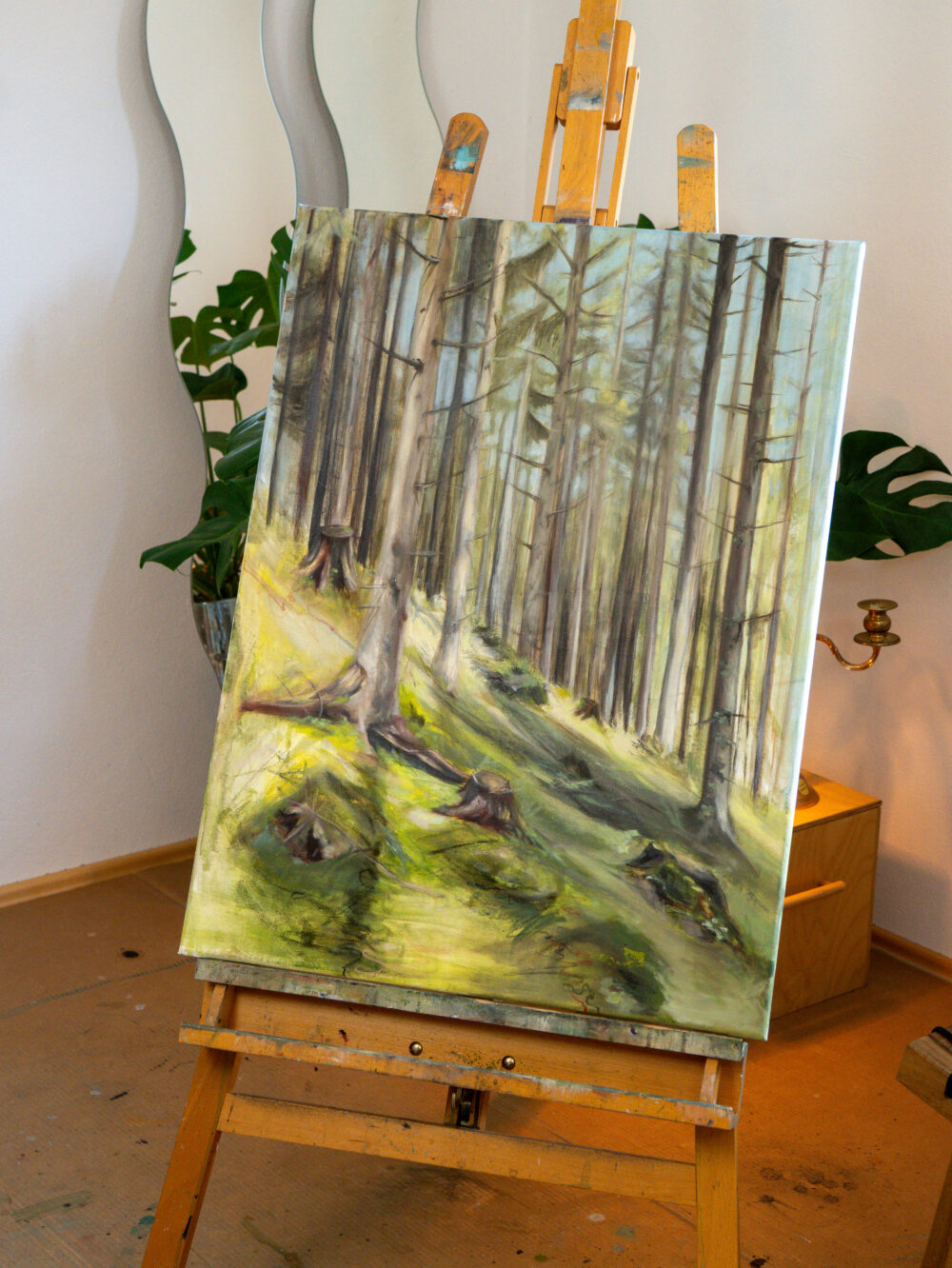 August Kunstwerk Teil der 12 Months Series | inspiriert vom Schwammerlsuchen in Schladming, Naturbild, Waldbild, Grüntöne, Mixed Media Ölgemälde | Original Art von Alexandra Isabel Höhager, aufstrebende österreichische Künstlerin | Ali Olio | Fine Art from the Alps