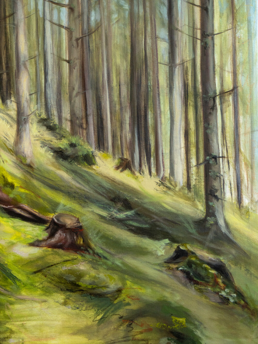 August Kunstwerk Teil der 12 Months Series | inspiriert vom Schwammerlsuchen in Schladming, Naturbild, Waldbild, Grüntöne, Mixed Media Ölgemälde | Original Art von Alexandra Isabel Höhager, aufstrebende österreichische Künstlerin | Ali Olio | Fine Art from the Alps