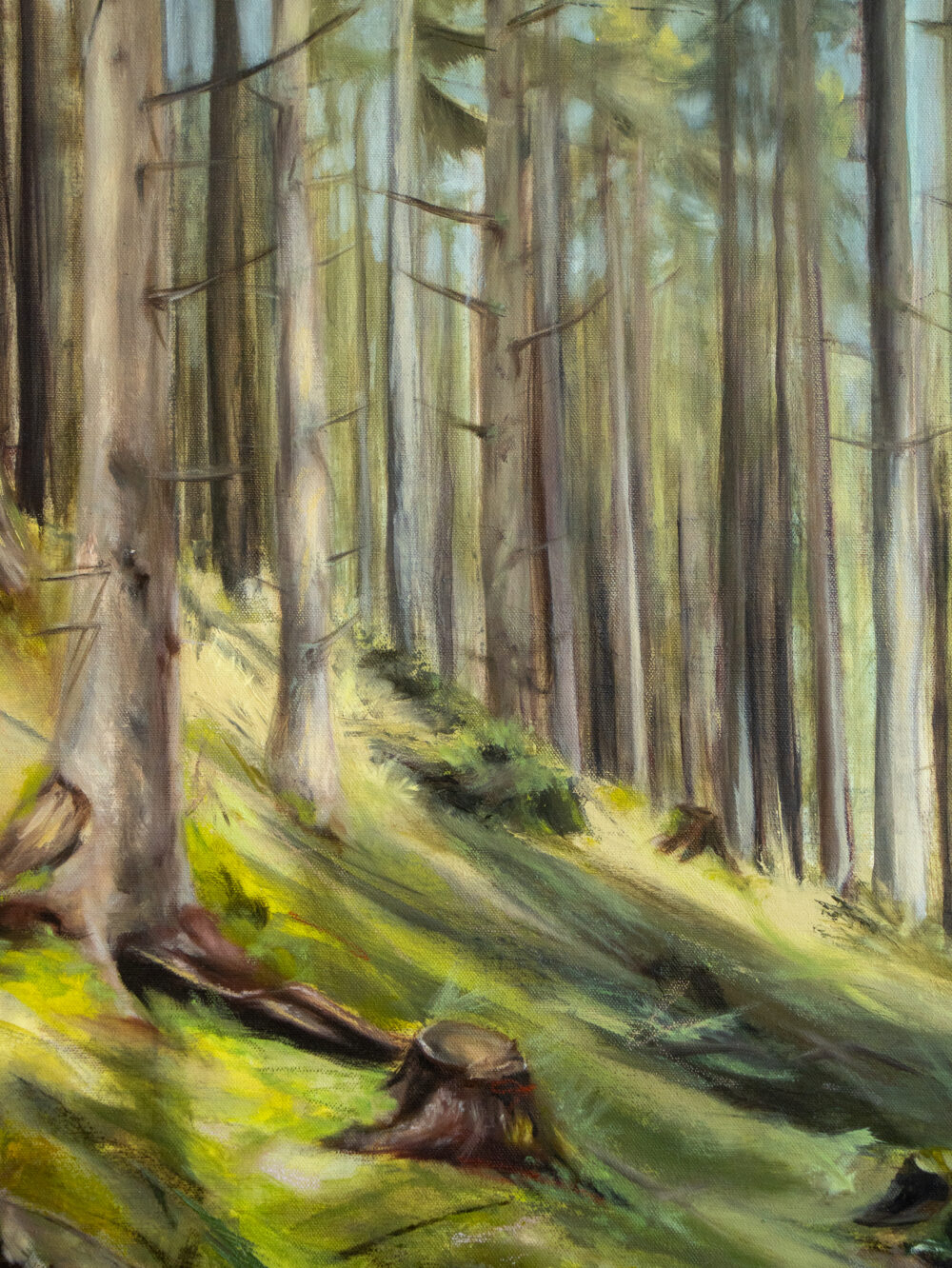 August Kunstwerk Teil der 12 Months Series | inspiriert vom Schwammerlsuchen in Schladming, Naturbild, Waldbild, Grüntöne, Mixed Media Ölgemälde | Original Art von Alexandra Isabel Höhager, aufstrebende österreichische Künstlerin | Ali Olio | Fine Art from the Alps