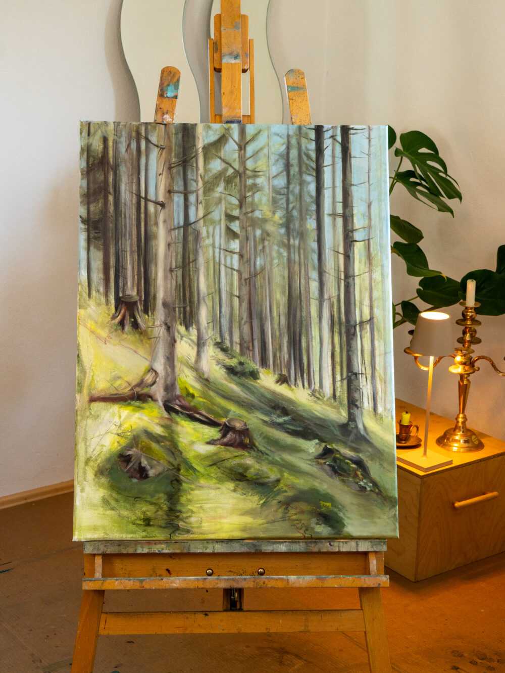 August Kunstwerk Teil der 12 Months Series | inspiriert vom Schwammerlsuchen in Schladming, Naturbild, Waldbild, Grüntöne, Mixed Media Ölgemälde | Original Art von Alexandra Isabel Höhager, aufstrebende österreichische Künstlerin | Ali Olio | Fine Art from the Alps
