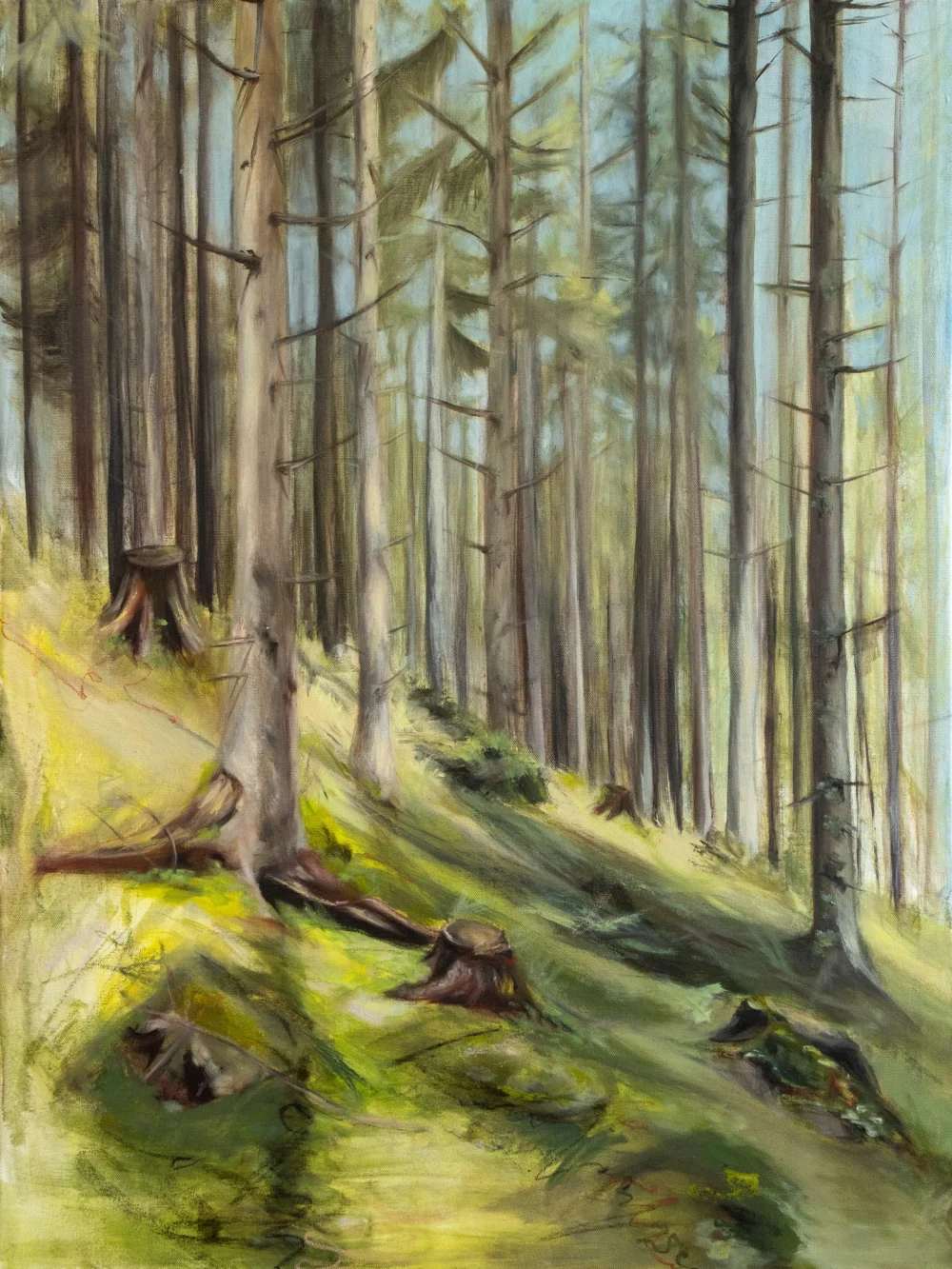 August Kunstwerk Teil der 12 Months Series | inspiriert vom Schwammerlsuchen in Schladming, Naturbild, Waldbild, Grüntöne, Mixed Media Ölgemälde | Original Art von Alexandra Isabel Höhager, aufstrebende österreichische Künstlerin | Ali Olio | Fine Art from the Alps