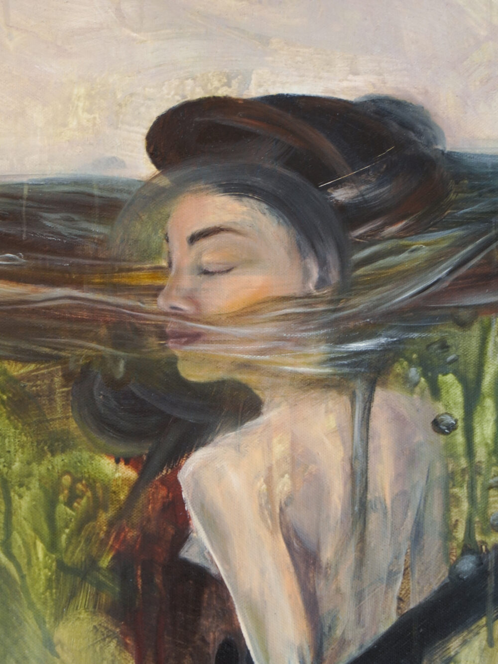 Gemälde einer Frau mit geschlossenen Augen, halb unter Wasser, symbolisiert das Ertrinken in Gedanken und das Loslassen im Fluss des Lebens. Alexandra Isabel Hörhager - aufstrebende österrreichische Künstlerin | Ali Olio - Emerging Austrian Artist | Kunst aus Tirol | Fine Art from the Alps
