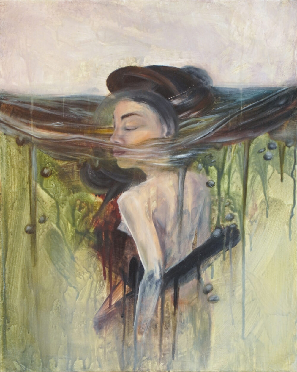 Gemälde einer Frau mit geschlossenen Augen, halb unter Wasser, symbolisiert das Ertrinken in Gedanken und das Loslassen im Fluss des Lebens. Alexandra Isabel Hörhager - aufstrebende österrreichische Künstlerin | Ali Olio - Emerging Austrian Artist | Kunst aus Tirol | Fine Art from the Alps
