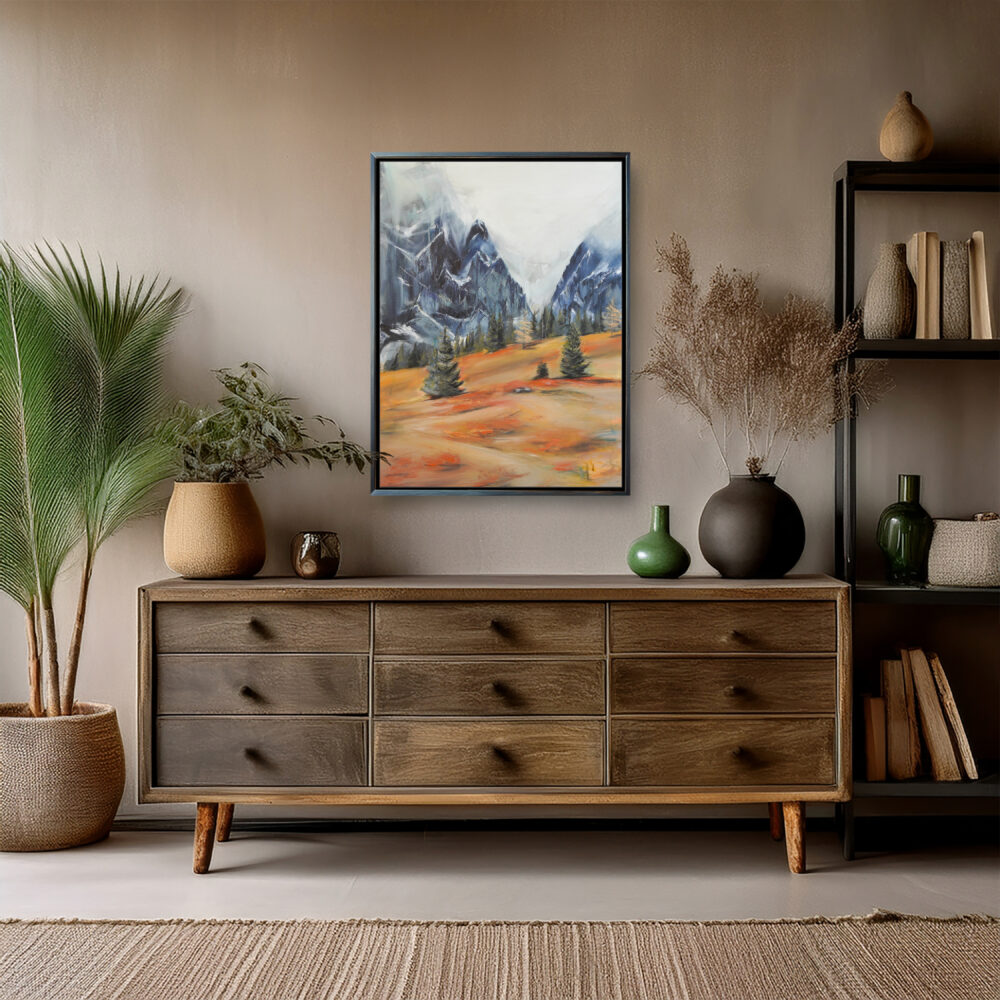 März / March ist Teil der 12 Months Series - eine Landschaft im März, noch verschneite Berggipfel und darunter bereits Frühlingserwachen. Das Kunstwerk hat die Farben blau, orange, weiß, grau, grün. Mixed Media Ölmgemälde von Alexandra Isabel Hörhager - aufstrebende österreichische Künstlerin. Original Art from Ali Olio - an emerging austrian artist | Fine Art from the Alps