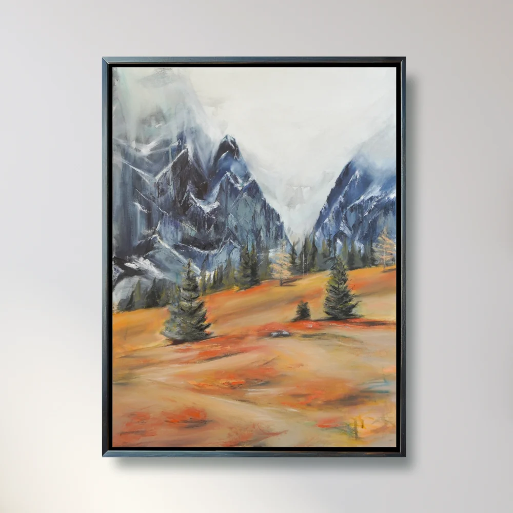 März / March ist Teil der 12 Months Series - eine Landschaft im März, noch verschneite Berggipfel und darunter bereits Frühlingserwachen. Das Kunstwerk hat die Farben blau, orange, weiß, grau, grün. Mixed Media Ölmgemälde von Alexandra Isabel Hörhager - aufstrebende österreichische Künstlerin. Original Art from Ali Olio - an emerging austrian artist | Fine Art from the Alps