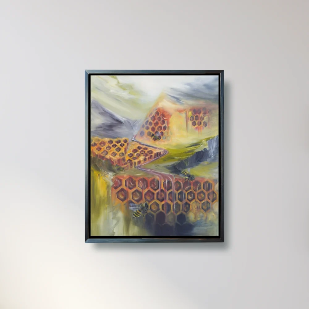 Gemälde mit Bienen und Waben, das die Verbindung zwischen innerer Welt und äußerer Realität symbolisiert. Surrealistische Landschaft mit Bienen und Waben, mit dem Fluss des Lebens. Originales Kunstwerk von Alexandra Isabel Hörhager - aufstrebende österreichische Künstlerin. Original Art from Ali Olio - an emerging austrian artist | Fine Art from the Alps