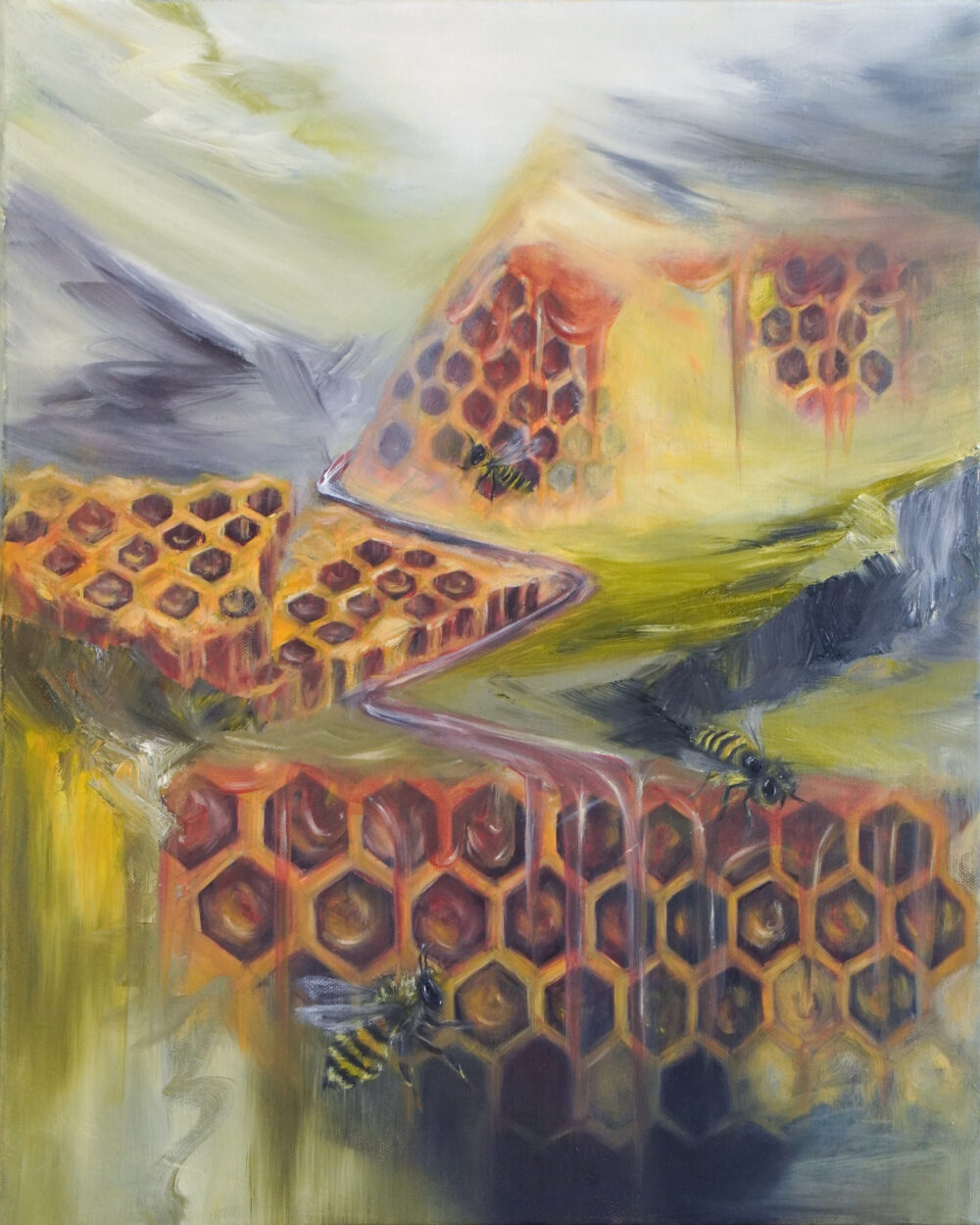 Gemälde mit Bienen und Waben, das die Verbindung zwischen innerer Welt und äußerer Realität symbolisiert. Surrealistische Landschaft mit Bienen und Waben, mit dem Fluss des Lebens. Originales Kunstwerk von Alexandra Isabel Hörhager - aufstrebende österreichische Künstlerin. Original Art from Ali Olio - an emerging austrian artist | Fine Art from the Alps