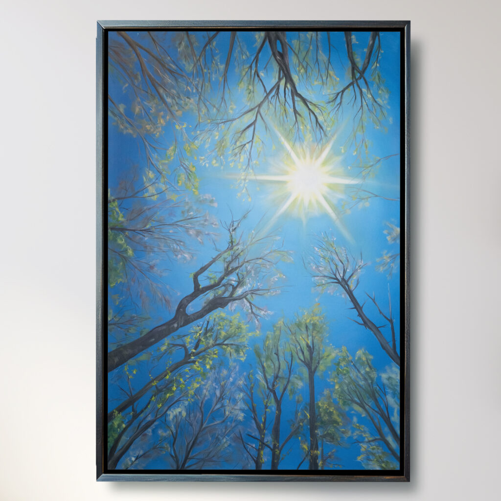 Im Moment | Frühling - Teil der Moments Serie | Ölgemälde auf Leinwand - Baumkronen im Sommer und dazwischen Sonnenstrahlen Farbtöne in Blau und Grün | Original Art von Alexandra Isabel Höhager, aufstrebende österreichische Künstlerin | Ali Olio | Fine Art from the Alps