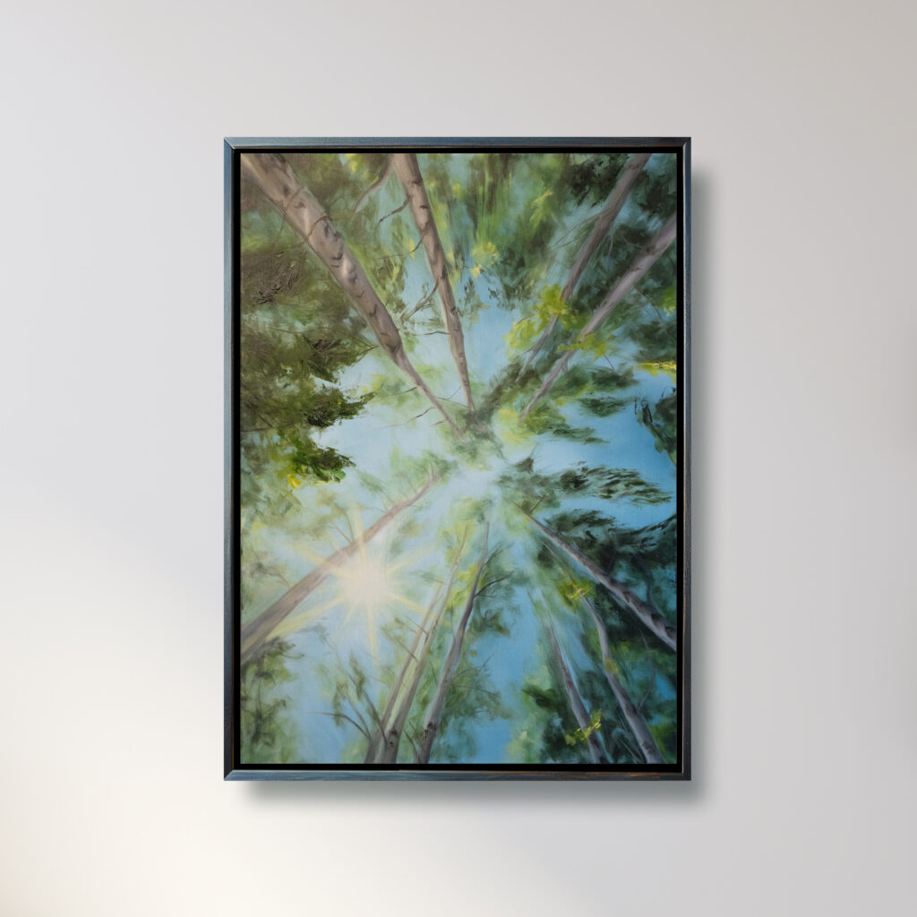 Im Moment | Summer - Teil der Moments Serie | Ölgemälde auf Leinwand - Baumkronen im Sommer und dazwischen Sonnenstrahlen Farbtöne in Blau und Grün | Original Art von Alexandra Isabel Höhager, aufstrebende österreichische Künstlerin | Ali Olio | Fine Art from the Alps